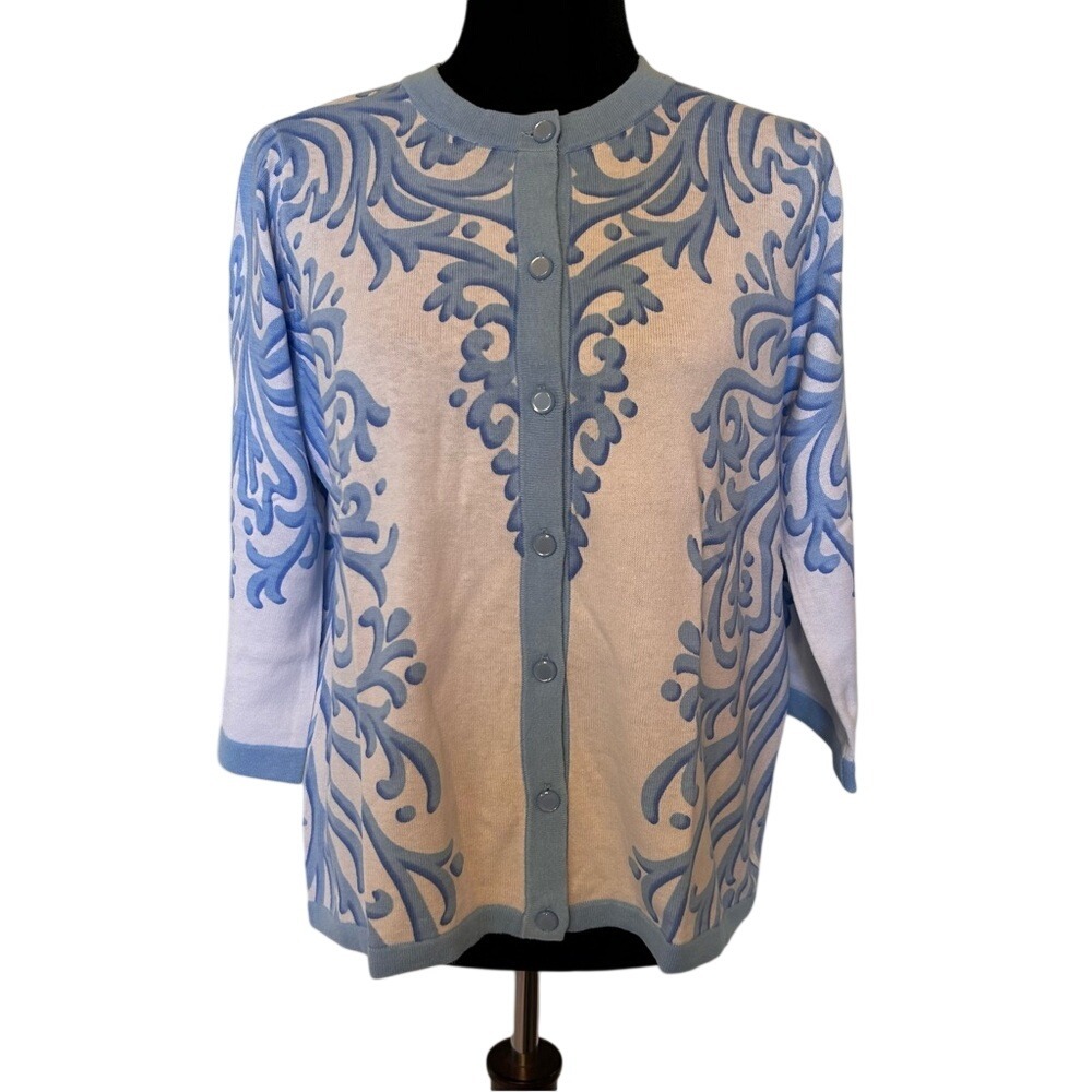 NWT Bob Mackie Blue and White Patterned Printed Cardigan‎ Sweater Size Small